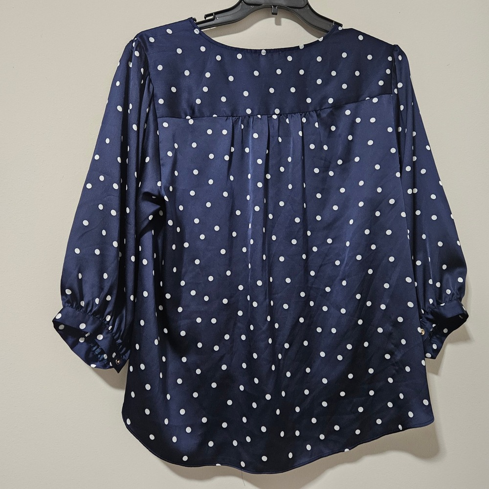 Chico's Navy Blue Polka Dot V-Neck Front Tie Blouse Top Size 2 Large 3/4 Sleeve - Picture 5 of 5